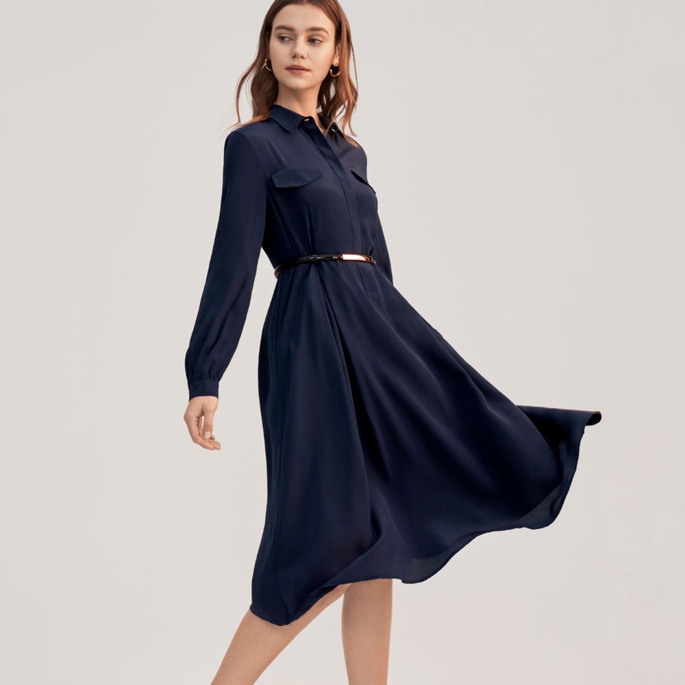 Lilysilk Long Sleeve Retro Graceful Navy Blue Silk Midi Dress